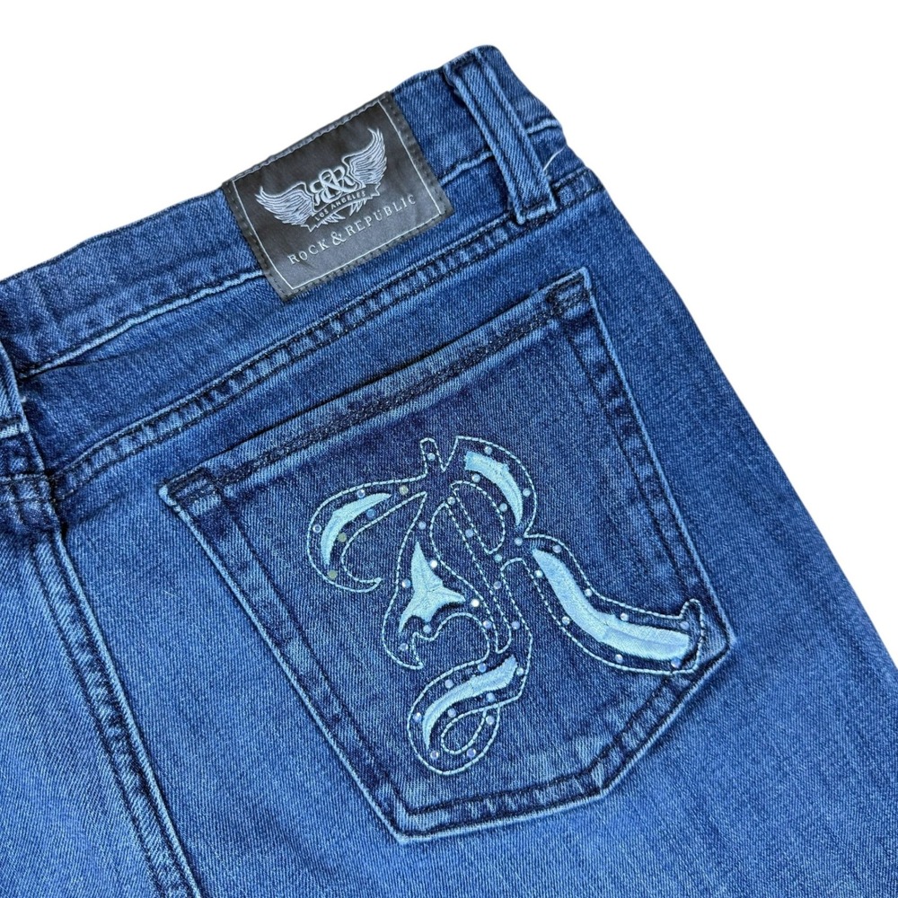 Rock & Republic Women 31 Medium Wash Embroidered Studded Bootcut Jeans Low Rise